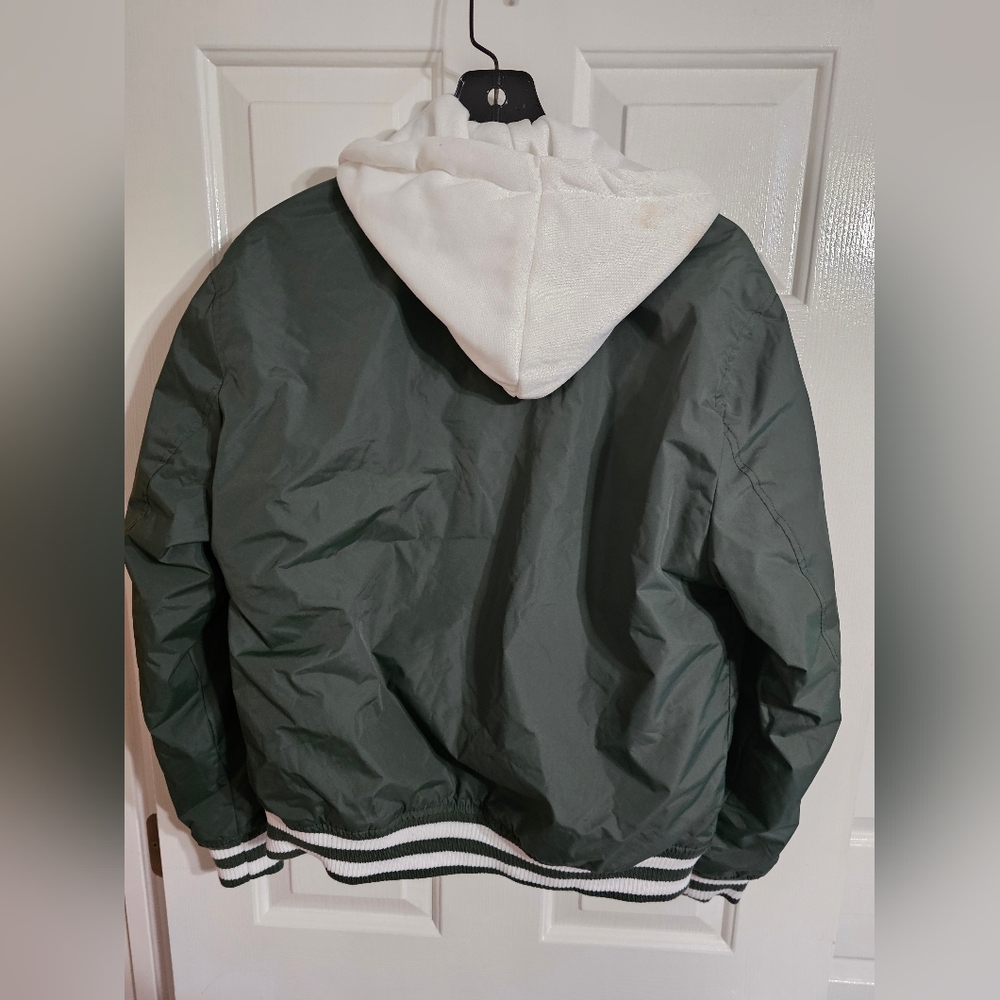 Grizzly Mens XS Varsity Jacket Green Hooded Snap Front Skate Streetwear Retro - Picture 3 of 6